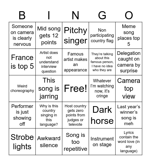 Eursovision 2026 Bingo Card