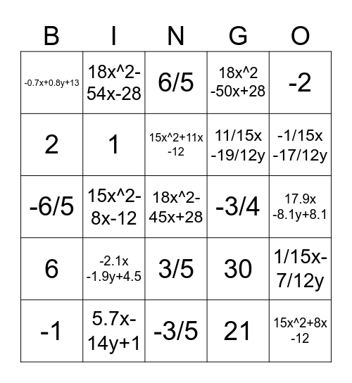 Equations, Combining Like Terms, and FOIL Review Bingo Card
