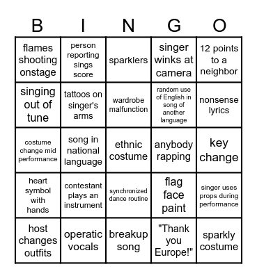 2026 Eurovision Song Contest Bingo Card