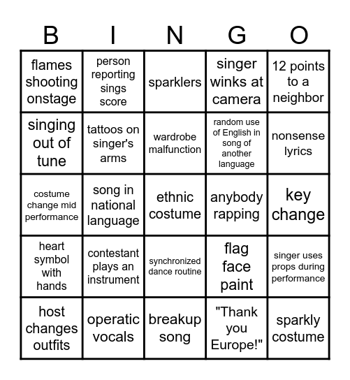 2026 Eurovision Song Contest Bingo Card