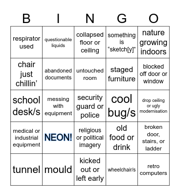 Proper People Urbex Bingo Card