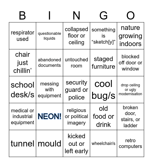 Proper People Urbex Bingo Card