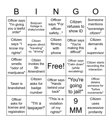 YouTube Police Interaction Bingo Card