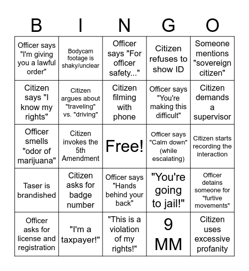 YouTube Police Interaction Bingo Card