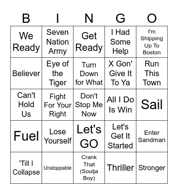 Pump Up Songs Bingo Card