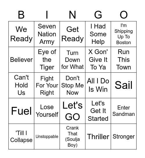 Pump Up Songs Bingo Card