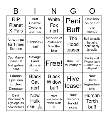 Marvel Rivals S8.0 Preds Bingo Card