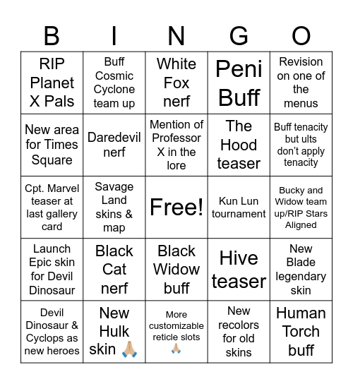 Marvel Rivals S8.0 Preds Bingo Card