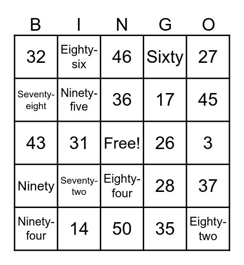 Numbers from 1 to 100 Bingo Card