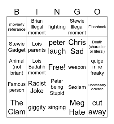 Family Guy Bingo Card