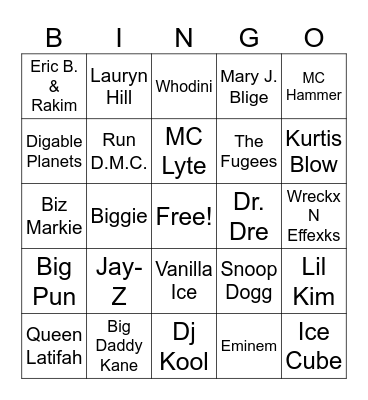 Old Skool Hiphop Bingo Card