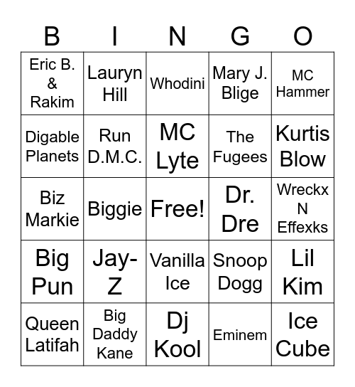 Old Skool Hiphop Bingo Card