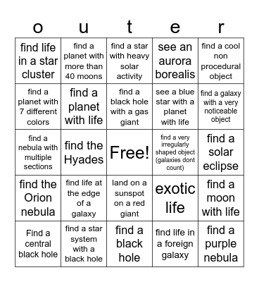 Space Engine Bingo Card