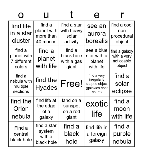 Space Engine Bingo Card
