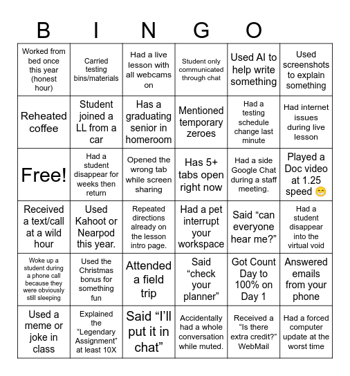 Virtual Teacher Bingo Card