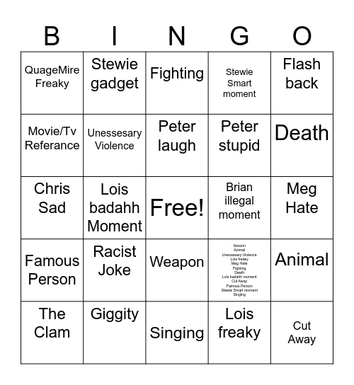 Family Guy Bingo Card