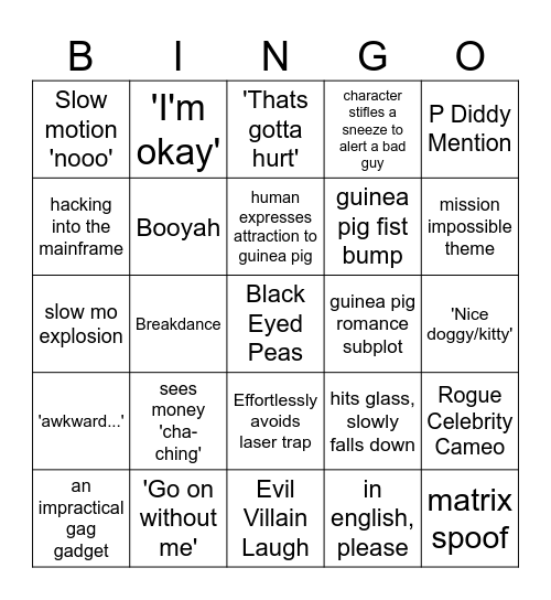 G Force Bingo Card