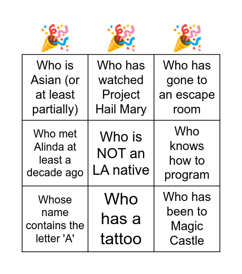Alinda's Going Away Bingo Card