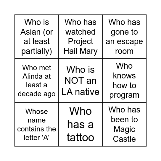 Alinda's Going Away Bingo Card