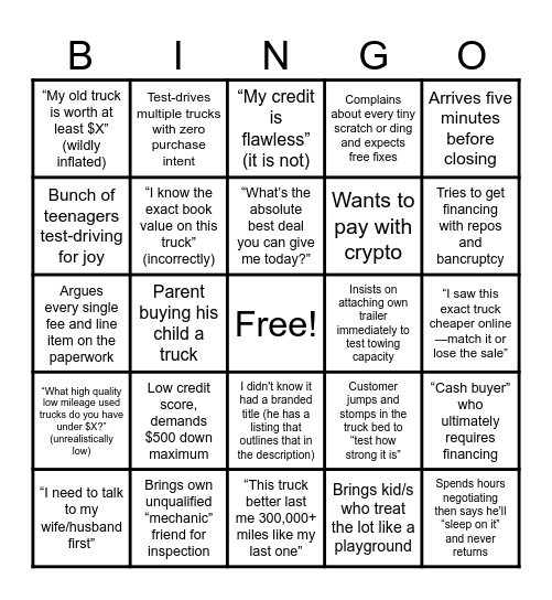 Truck salesperson routine Bingo Card