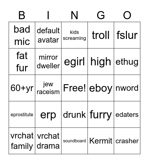 vr chat Bingo Card