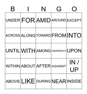 PREPOSITIONS Bingo Card