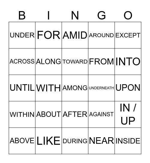 PREPOSITIONS Bingo Card