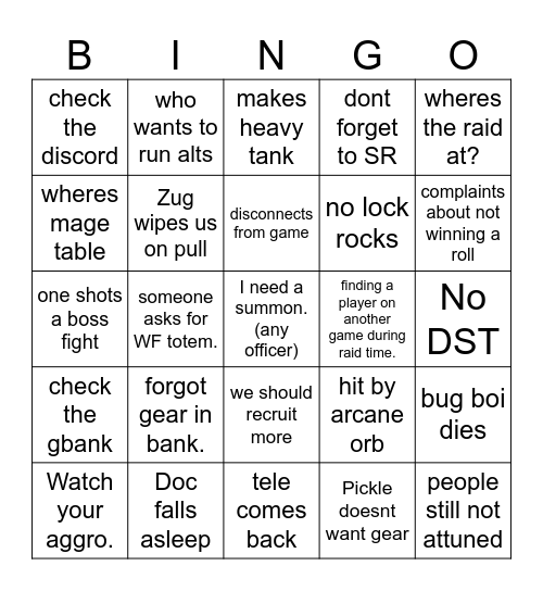 Raiding with Dad Bingo Card