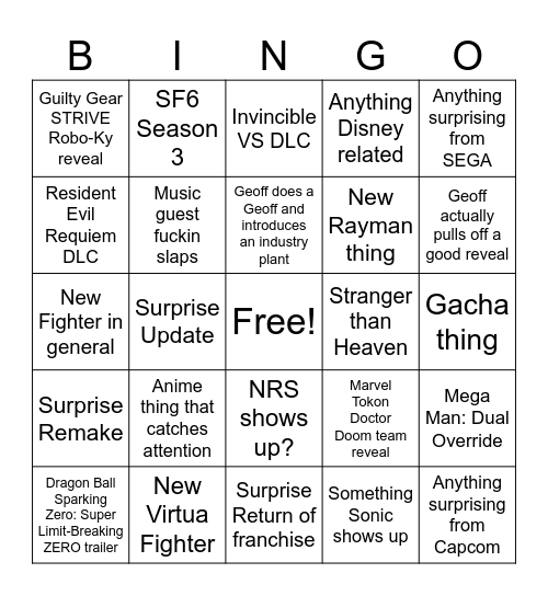 Summer Games Fest Bingo Card