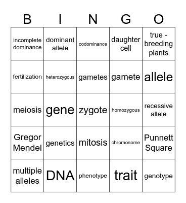 Genetics Vocabulary Terms Bingo Card