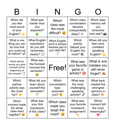 Class Memories Bingo Card