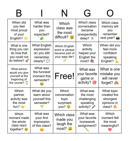 Class Memories Bingo Card