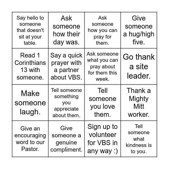 Kindness Bingo Card