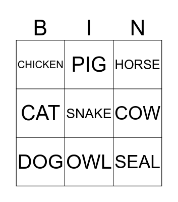 Animal Bingo Card