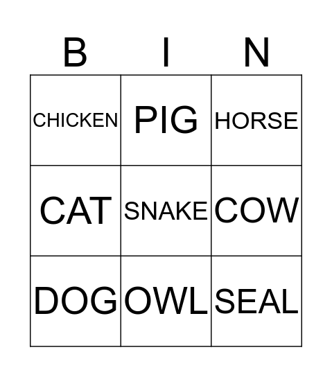 Animal Bingo Card
