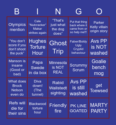 Avalanche playoff bingo round 2 game 4 Bingo Card