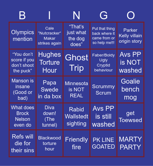 Avalanche playoff bingo round 2 game 4 Bingo Card
