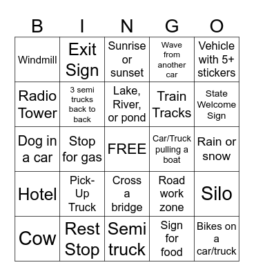 Road Trip Bingo Card