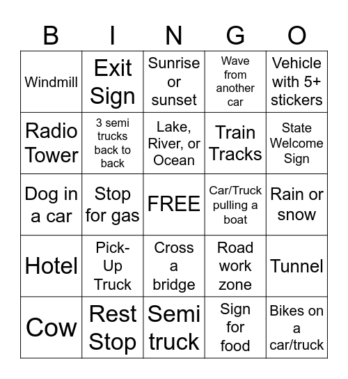 Road Trip Bingo Card