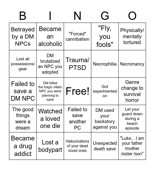 Trauma is fun in RP Bingo Card