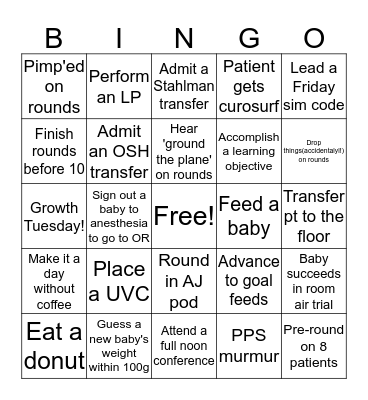 NICU Bingo Card