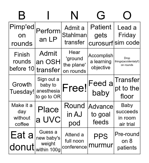 NICU Bingo Card