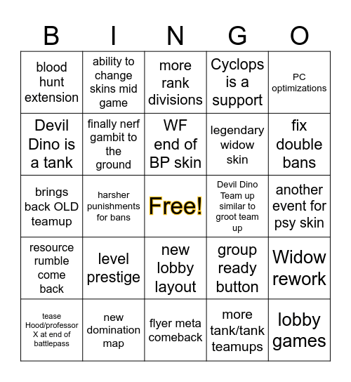 SZN 8 Predictions BINGO Card