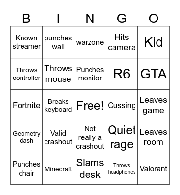 Gamer rage bingo Card
