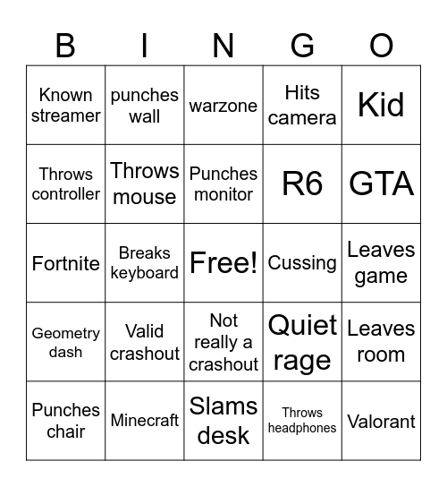 Gamer rage bingo Card