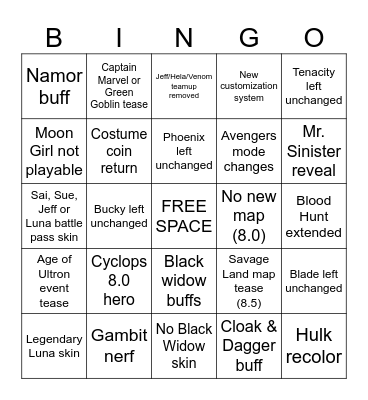 Marvel Rivals Season 8 Bingo Card
