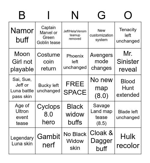 Marvel Rivals Season 8 Bingo Card
