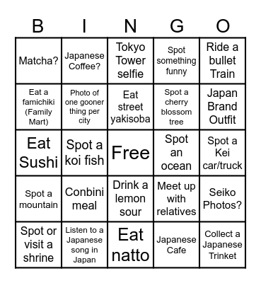 Japan Trip Bingo Card