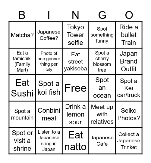 Japan Trip Bingo Card