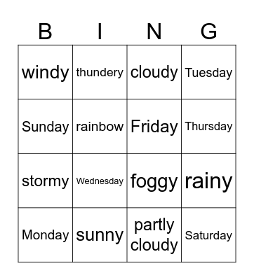 Weather and Days Bingo Card